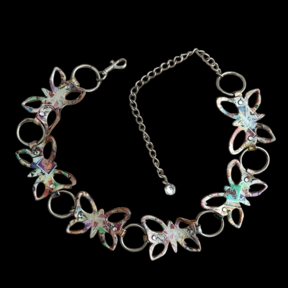 Butterfly Leather Belt Rhinestone Printed Metallic Chain Adjustable Y2K 90s
